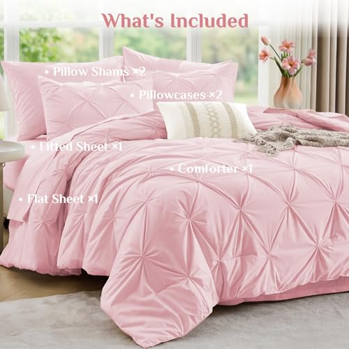 Queen Comforter Set 7 Pieces - Baby Pink Bed in a Bag with Pintuck Design