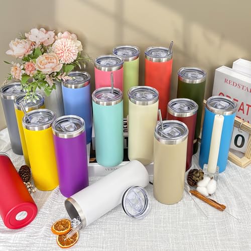 Large YOUKE OLA 20oz Stainless Steel Skinny Tumblers Set - Multicolor, Double Wall, Insulated with Lids & Straws
