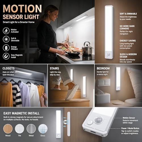 VOZUJI White 5-Pack 8-Inch Under Cabinet Motion Sensor LED Lights, Dimmable