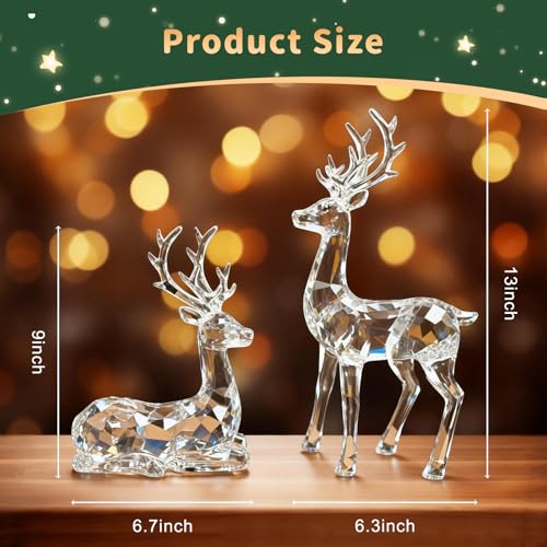 EverZenHub Clear Reindeer Figurines Set of 2 Christmas Resin Decor - Standing & Sitting