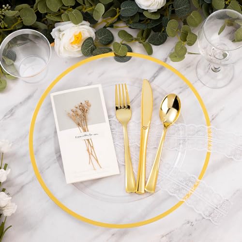 50 Pack 12 Inch Clear Charger Plates with Gold Rim - Elegant Disposable Tableware