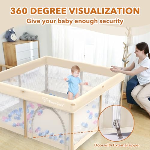Yellow Foldable Baby Playpen 50x50 Inch Portable Toddler Play Yard with Mesh Safety