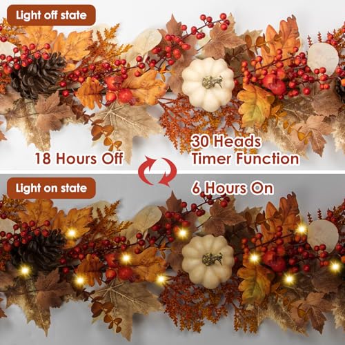 Villa Como 6FT Fall Garland with Lights, Pumpkins, Pinecones, Berries - Brown