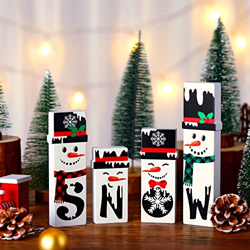 Qunclay 4 Pieces Winter Decor Wooden Snowman Tabletop Decorations Christmas Wooden Snowman Blocks Signs for Home Fireplace Mantle