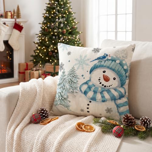 AVOIN Colorlife Blue 18x18 Winter Snowman Snowflake Throw Pillow Cover - Holiday Sofa Cushion Case