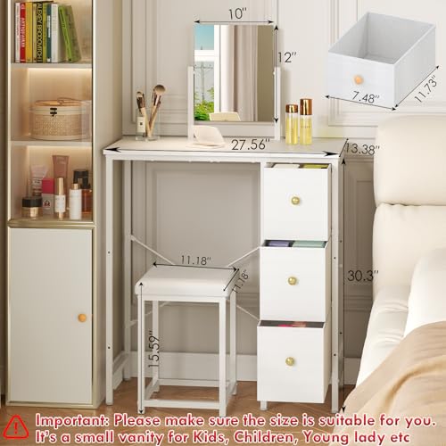 White 27.5 Inch Small Vanity Desk with Mirror & Stool, Compact Makeup Table for Girls & Teens - Space Saving