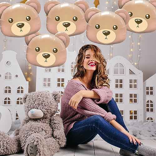 6Pcs Bear Balloons Bear Head Foil Balloons Animal Helium Balloons for Jungle Safari Woodland Theme Animal Birthday Baby Shower Valentine's Party Decoration Supplies