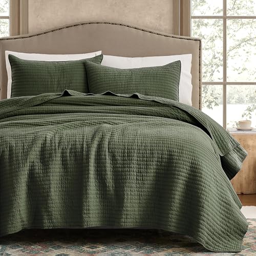 WDCOZY Olive Green King Size Cotton Quilt Set with Channel Pick Stitch - 106x96