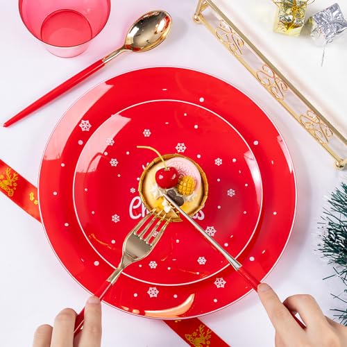 Nervure Red and White Christmas Plastic Plates 175PCS Disposable Dinnerware Set