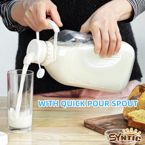 Syntic 4 Pack 64 Oz Glass Milk Bottles with Lids,Pour Spouts & Scale