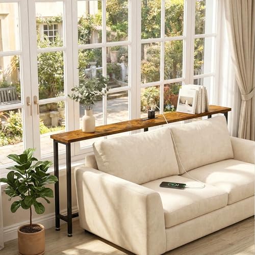 70-Inch Narrow Sofa Table with Outlets - Rustic Brown, 70.8 W x 5.9 D x 29.7 H