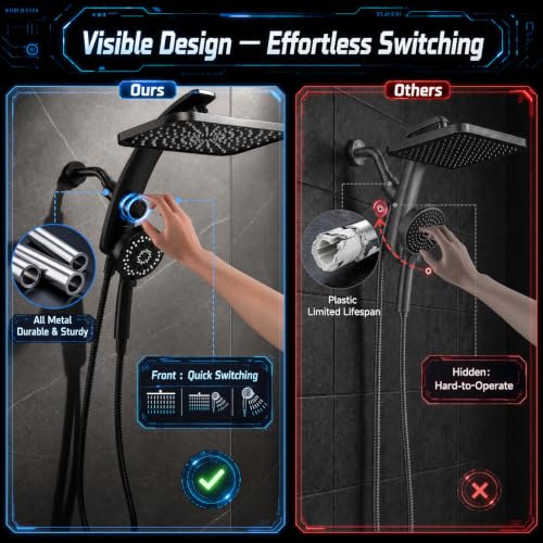Matte Black 12-Inch Rain Shower Head with Handheld & Magnetic Mount - High Pressure, Dual Mode