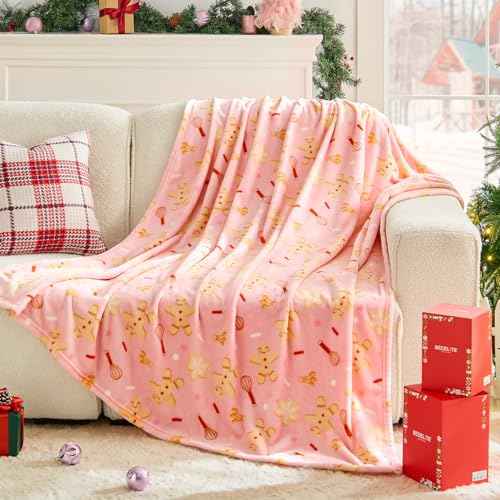 BEDELITE Pink Christmas Throw Blanket for Girls & Teens ? Cute Holiday Blanket with Gingerbread Man Pattern, Soft Lightweight Fleece Christmas Blanket for Couch & Bed, Festive Home D?cor Gift, 50"x60"
