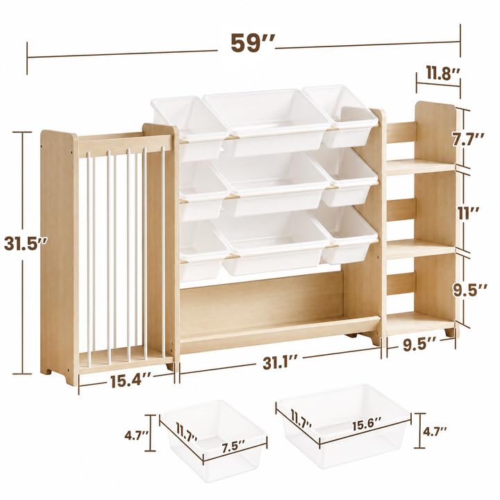 Anmon 3-in-1 Montessori Toy Organizer with Bookshelf & 9 Clear Bins - 59W