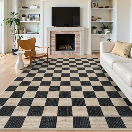 8x10 Checkered Washable Area Rug - Non-Slip Black & White Living Room Floor Cover