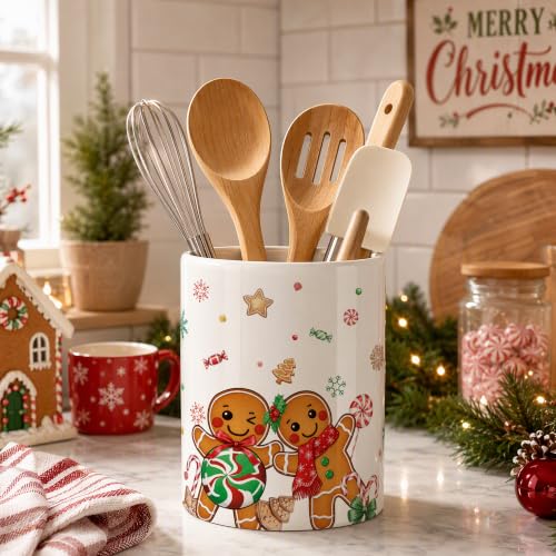Gingerbread Man Ceramic Utensil Holder - Christmas Farmhouse Kitchen Decor