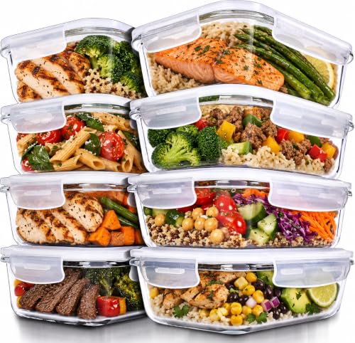 PrepNaturals 8 Pack 36oz Glass Meal Prep Containers with Airtight Lids - 1 Compartment
