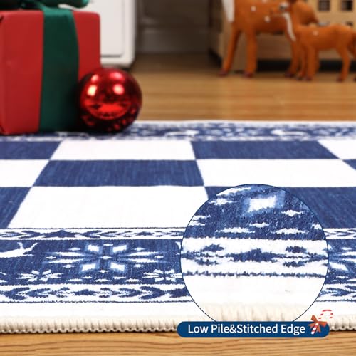 GarveeHome Blue 4' x 6' Checkered Christmas Rug, Non-Slip Washable Area Rug for Living Room
