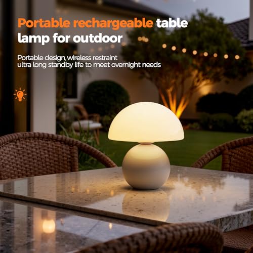 White Wireless Mushroom Table Lamp with 5200mAh Battery - Modern Touch Bedside Light