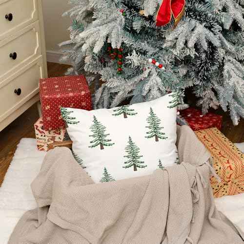 GEEORY Christmas Pillow Cover 18x18 Inch, Green Xmas Trees White Farmhouse Decorative Throw Pillowcase for Home Sofa Couch Cushion Decoration G438-18
