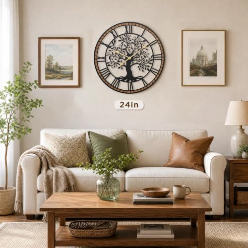 Micasso Large Tree of Life Wall Clock 24 Inch Rustic Farmhouse Decor
