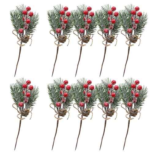 Christmas Floral Picks, 10Pcs 7.8 Inch Red Berry Holly Branches for Crafts, Artificial Christmas Tree Greenery Pick and Garland Decoration