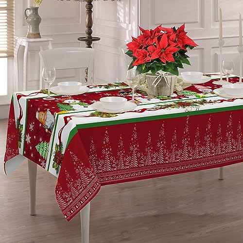 Christmas Tablecloth for Rectangle Table, Merry Christmas Tree Snowman Table Cloth 60 x 104 with Poinsettia Holiday Washable Table Cover for Dining Room Kitchen Decorations