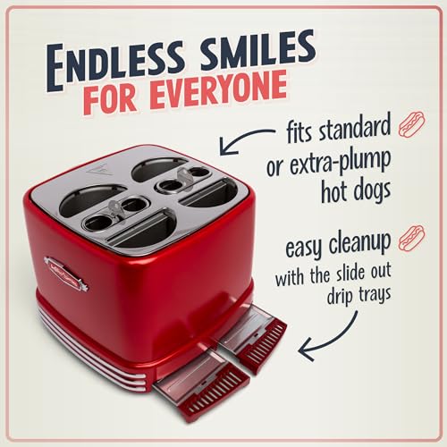 Metallic Red 4 Slot Hot Dog Toaster with Tongs & Adjustable Settings