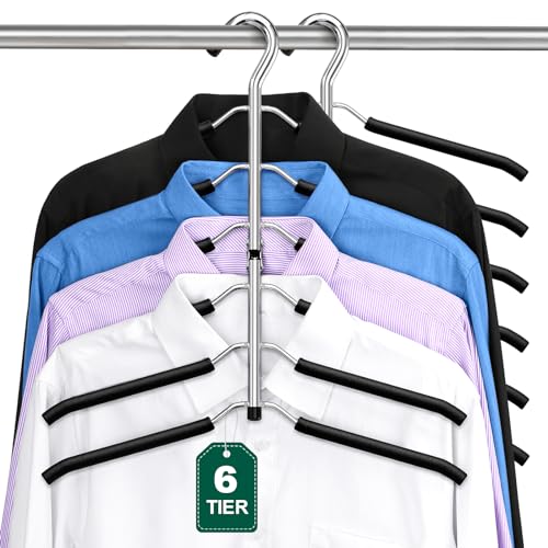 Space Saving 6-Tier Clothing Hangers with Non-Slip Foam Padding - Black, 3 Pack