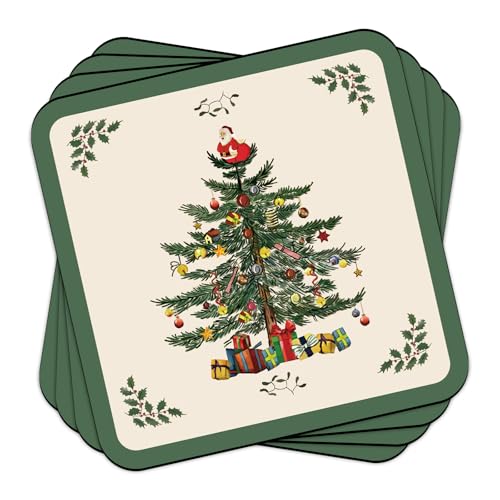 Vintage Christmas Tree Ceramic Coasters Set of 4 - Holiday Drink Mats for Home & Gifts