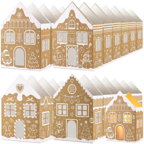 Kolldenn 24 Pcs Christmas Luminary Bags Gingerbread House Designs (4 Styles) White Kraft