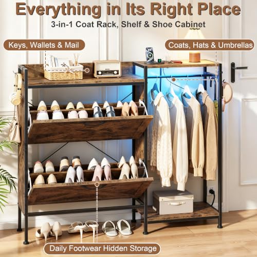HIGDBFE 41.3W Shoe Cabinet with Flip Drawers, Coat Rack & LED Lighting