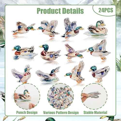 24 PCS Mallard Duck Theme Hanging Ornaments Wooden, Duck Hunting Wood Cutouts Hanging Pendant Home Ceiling Decor, Lucky Duck Birthday Baby Shower Party Christmas Tree Decorations