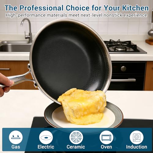 10-Inch Tri-Ply Stainless Steel Hybrid Frying Pan with Ceramic Nonstick Coating - Oven & Induction Safe