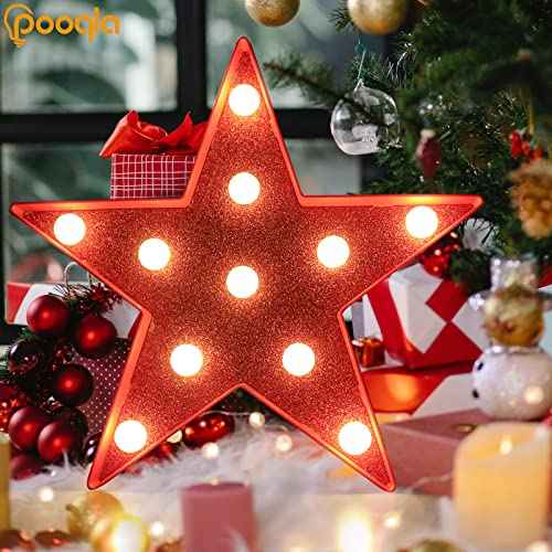 Pooqla Star Marquee Lights, Glitter LED Marquee, Red Light Up Star - Battery Powered Night Light for Birthday Party, Wedding, Christmas Decoration