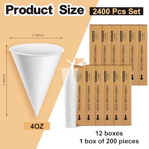 Disposable Paper Cone Cups for Water Cooler Dispenser 4 oz - 2400 Pack