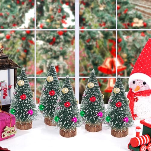 Yookat 3.9 Inch Mini Green Christmas Trees with Wooden Bases, 12 Pack