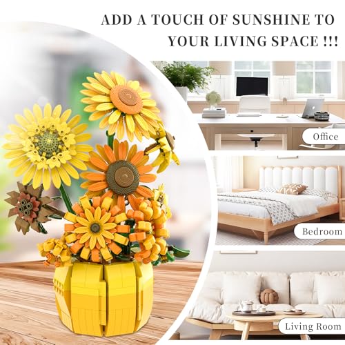 BrickTribe Dual Flower Bouquet Building Set with Vase - Sunflowers & Roses, Creative Home Decor Gift for Women & Adults
