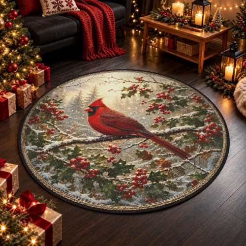 OneNewwish Multi Color Cardinal Bird Round Rug 3.3ft Washable Non Slip Bedroom Living Room Entryway Decor