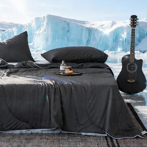 DOWNCOOL Queen Size Cooling Comforter with Gel Pillowcases, Dark Grey, 90x90"