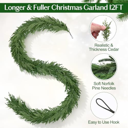12Ft Artificial Christmas Garland with Real Touch Cedar and Norfolk Pine - Flexible, Lush Holiday Decor
