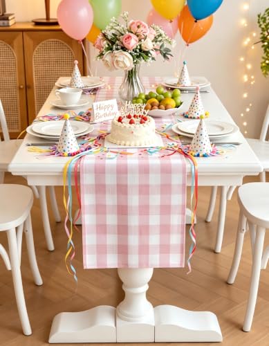 Alsoo Pink 90" x 13" Gingham Table Runner - Farmhouse Cotton Linen Decor