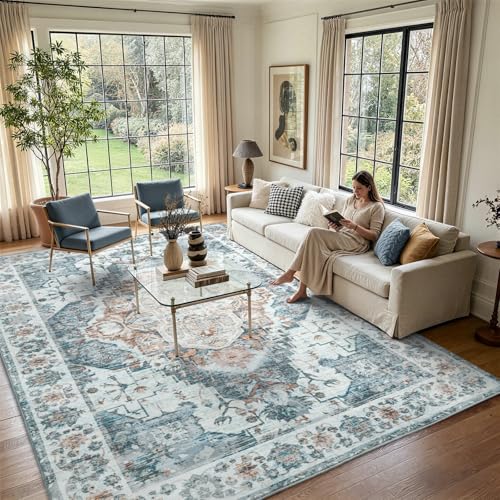 9x12 Light Blue Vintage Washable Area Rug for Living Room & Bedroom - SimpWalnut
