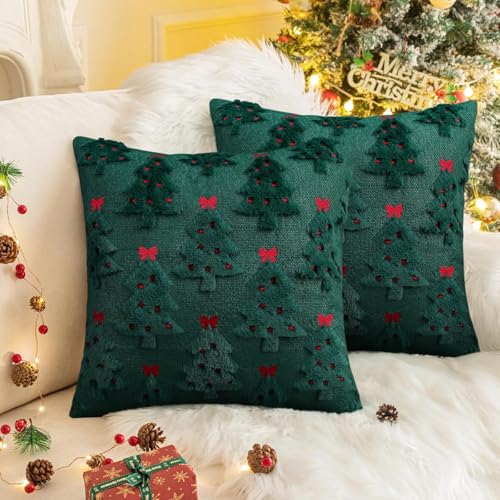 Pyonic Christmas Pillow Covers 18x18 Inch Set of 2 Red Christmas Tree Embroidered Faux Fur Holiday Decor