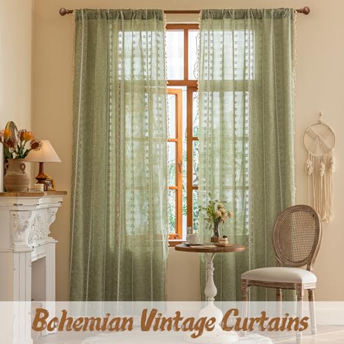 DreDecor 2-Piece Sage Green Sheer Curtains 50"W x 84"L Boho Farmhouse Style