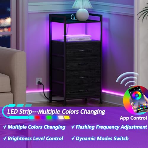 Furnulem Night Stand with Charging Station & LED Lighting, Black Oak, 4 Drawers