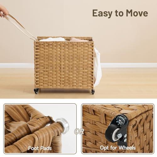 Laundry Hamper with Wheels 34.3 Gallon Natural Rattan 2 Color Liners 3 Mesh Bags
