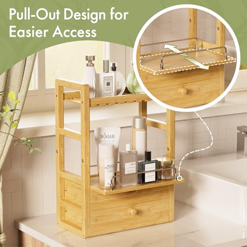 AmazerBath Natural Bamboo 2-Tier Counter Organizer with Drawers, Vanity & Makeup Storage