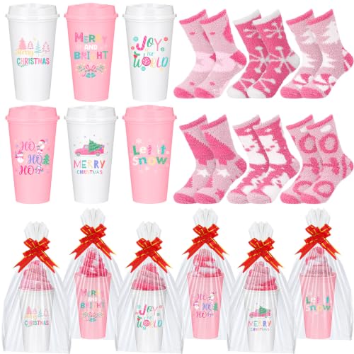 Pink Christmas Gift Set with Cups Socks Bows - Vesici 12 Pack