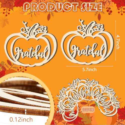 24 Pcs Fall Thanksgiving Pumpkin Wooden Plate Decor Cutouts Thankful Blessed Place Cards Wood Signs Hanging Ornament Table Decorations for Autumn Harvest Home Tabletop Plate Supplies